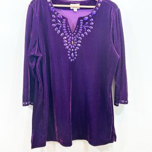 Quacker Factory Deep Purple Velvet Tunic Top with Jewel Accents Holiday Party